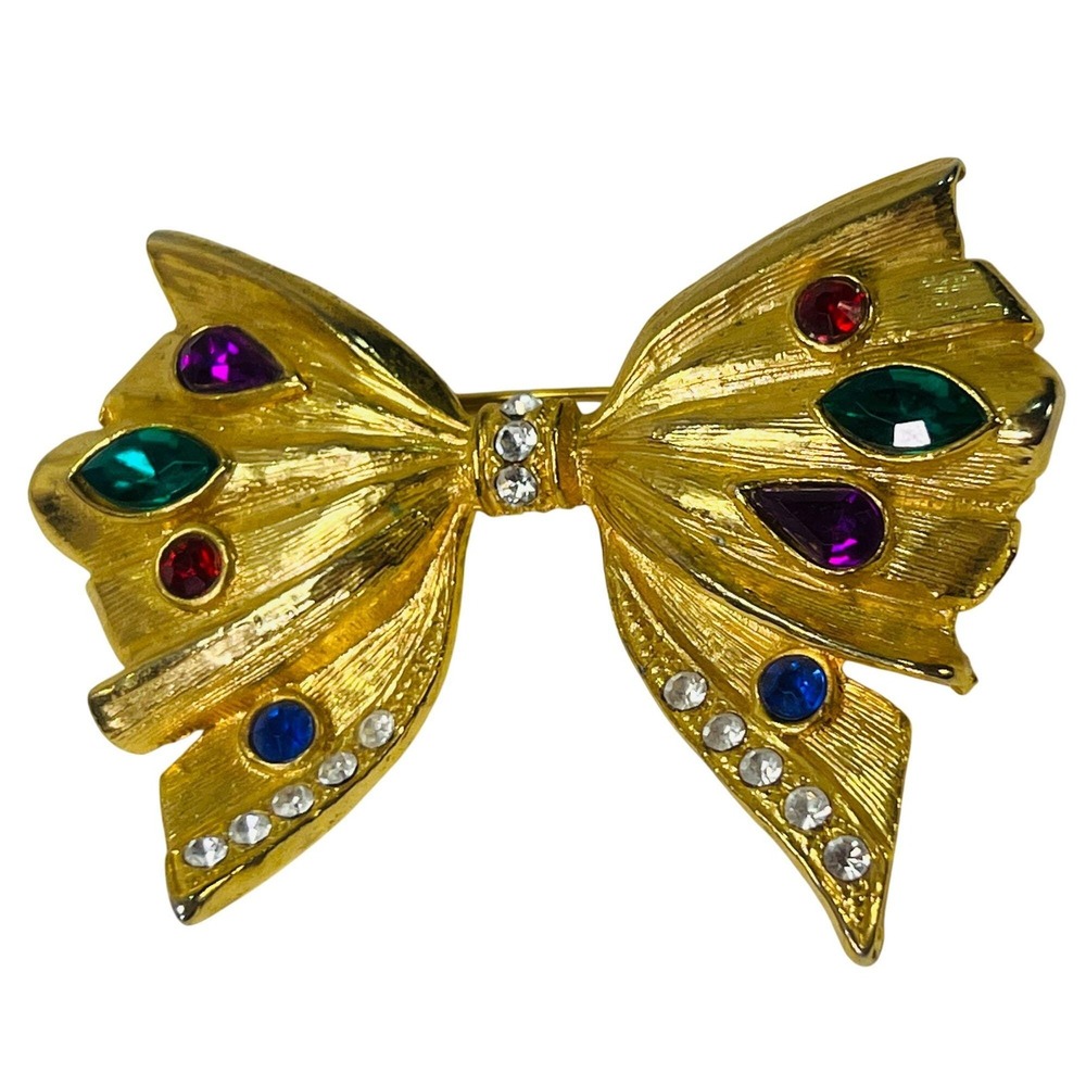 Vintage Rhinestone Bow Brooch Pin 3 X2" Gold Tone Red‎ Green Blue